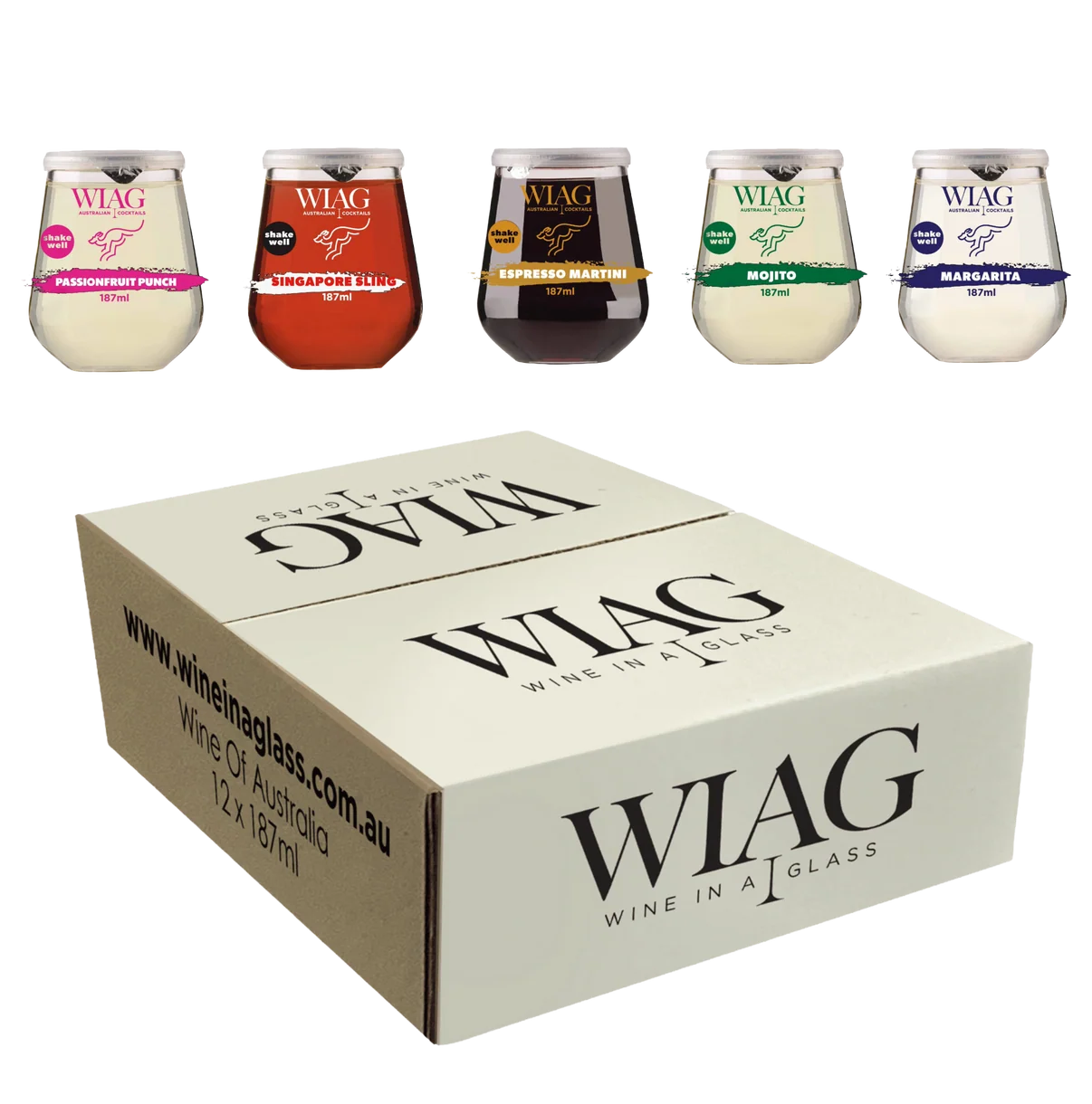 WIAG Cocktail Variety 12-Pack — Passionfruit Punch, Singapore Sling, Espresso Martini, Mojito, Margarita